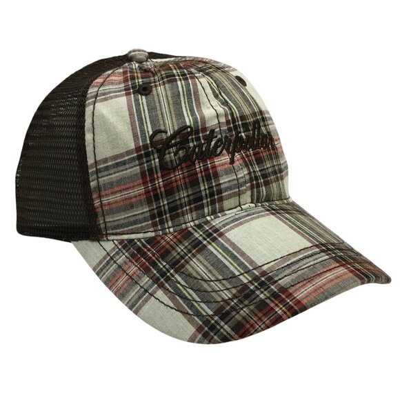 NEW Caterpillar Brown Plaid Trucker Cap Mesh Back Brown Hat CAT Baseball Cap - Picture 1 of 7